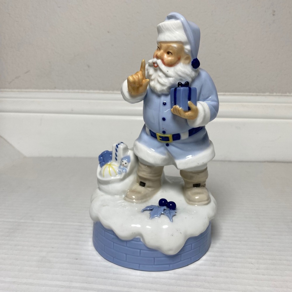 Vintage Ceramic Santa Claus Music Box Chimney Christmas Holiday Decoration Blue
